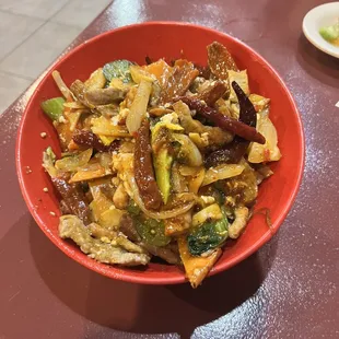 My bowl - beef, steak, and pork with lots of veggies, eggs, ginger powder, garlic powder, Hunan-style peppers, Szechuan sauce, sesame oil