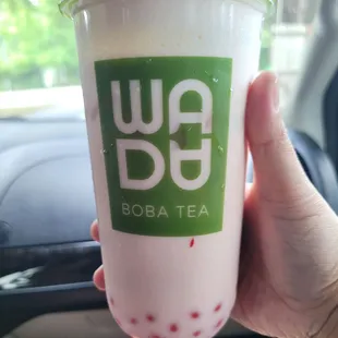 Strawberry milk tea with popping Strawberry boba