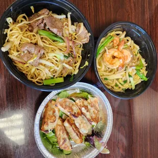 Pork Gyoza, Fried Shrimp Udon and Beef Yakisoba.