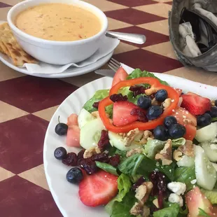 Cranberry Gorgonzola salad and shrimp and roasted corn chowder