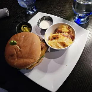 Burger with au gratin potato side