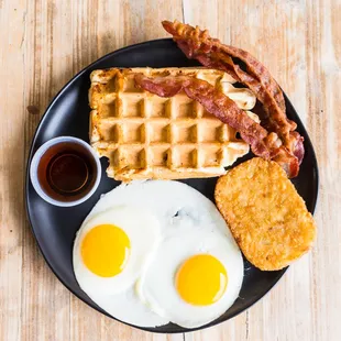 bacon, eggs, and hash browns