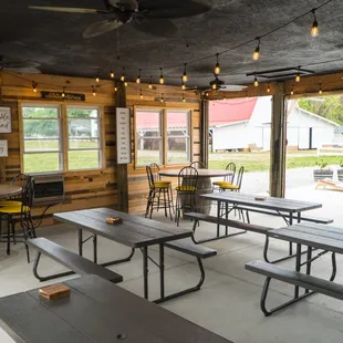 tables and chairs in a restaurant