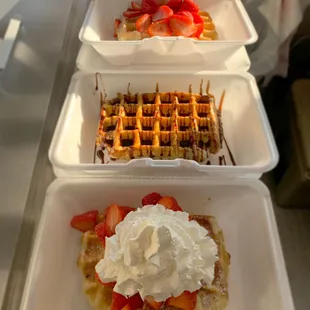 Our famous liege waffles topped with strawberries, whipped cream and whatever you&apos;d like