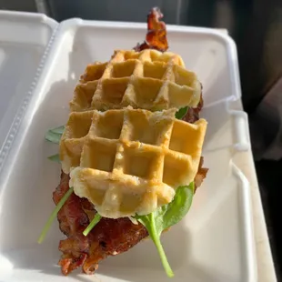 Our Horsepower waffle ( bacon egg spinach and horseradish)