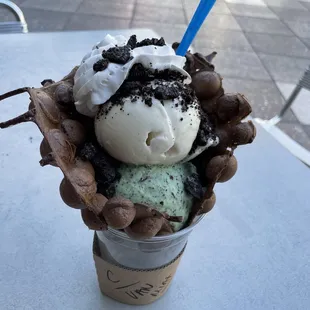 Chocolate waffelato with a scoop of vanilla, mint chip gelato, topped with whip cream and crushed Oreos.