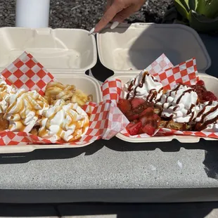 Bananas foster waffle with housemaid salted caramel rum sauce, woman's best friend (strawberries and chocolate sauce)