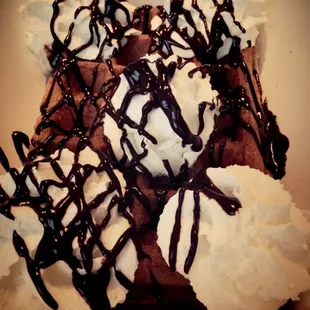 Brussels waffle with hot fudge and whip cream 4-stars if you like dark chocolate
