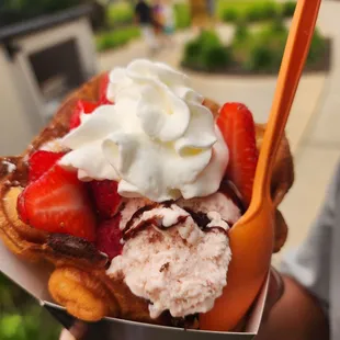 a person holding a waffle with strawberries and whipped cream