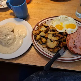 a plate of food and a cup of coffee
