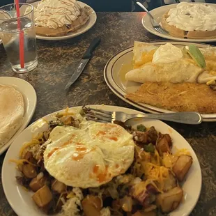 Linguisa skillet, breakfast burrito and waffles.