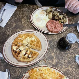 Joe's Scramble omelette, Plain waffle and Ham and eggs. Yum