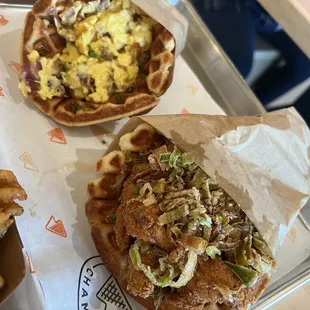 Egg, sausage, cheese waffle and chicken and waffles
