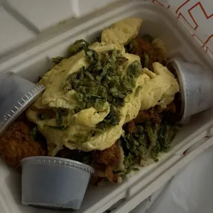 Chicken and waffles with fried leeks and egg