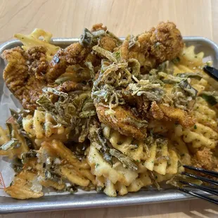 Chicken &amp; Waffles, debris style (on waffle fries). Their fried leeks are tasty!