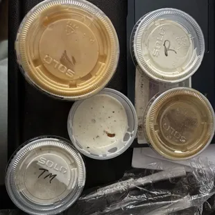 Cheese sauce, ranch, truffle mayo, maple mustard.