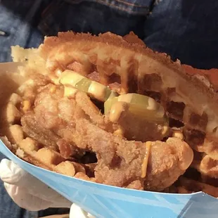 The bubba - chicken &amp; waffles with pickles and homemade sweet potato chips