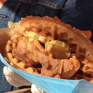 The big Bubba - chicken and waffles with spicy mayo sauce and pickles!