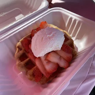 Liege waffle with whipped cream and strawberries ($9)