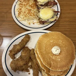 Chicken and pancakes  Bacon bourbon jam Hashbrown