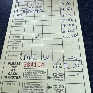 the receipt for the restaurant