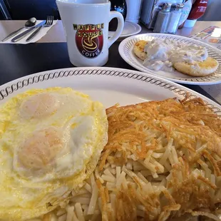 Eggs, hash browns, biscuits and gravy, and coffee.