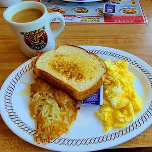Eggs, hash browns, toast and coffee.