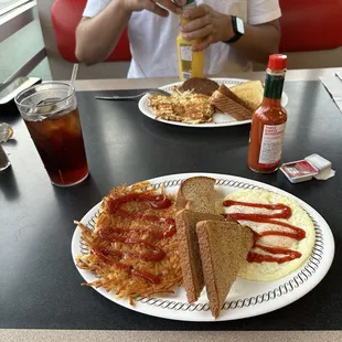 Hash-browns, eggs, wheat toast no butter, eggs over easy, unsweetened tea. Not pictured: grits and waffle.