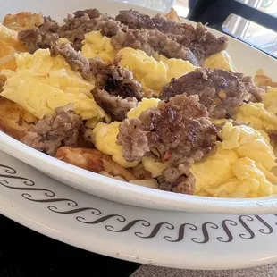 Sausage egg and cheese hash brown bowl