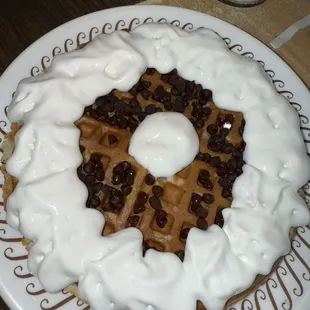 Waffle with chocolate chip and whipped cream!