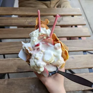 I had the candied fruit specialty waffle and it was refreshing and satisfying. Service was great, and they even offered our dog a pup cup!