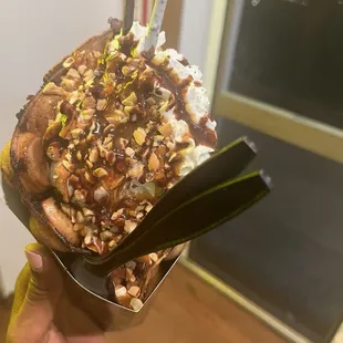 Snickers waffle with vanilla and caramel crunch ice cream mix