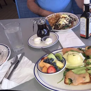 Kiwi berry pancakes, smoked salmon benedict, and skirt steak benedict