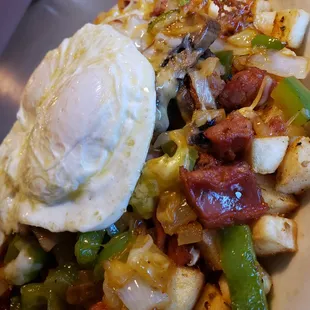 Portuguese Skillet eggs over easy, close up