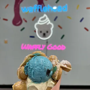 Bubble Waffle with Cookie Monster &amp; Butter Pecan Ice Cream Scoops