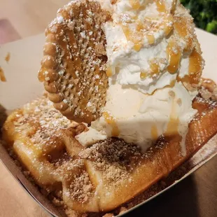 Churrafle on a liege waffle.  Crystallized sugar waffle? Delicious