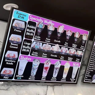 Waffle and Shake menu at Waffles &amp; Cream in Richmond.