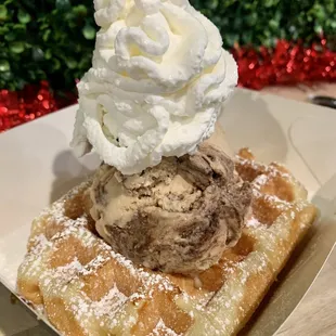 Liege Waffle (build your own): almond mocha fudge ice cream and whipped cream