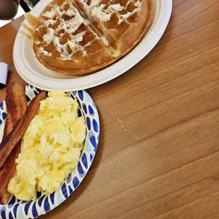 Breakfast special - Original waffle, scrambled eggs, and bacon