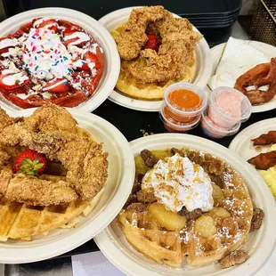 Sweet Thing Combo Chicken &amp; waffle Tenders Red Velvet Single with fresh Strawberries sprinkles and sweet cream sauce