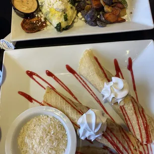 Veggie omelette and Peach raspberry crepes