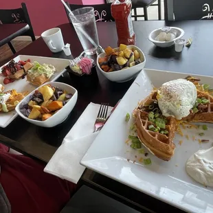 Waffle sampler with a side of potatoes