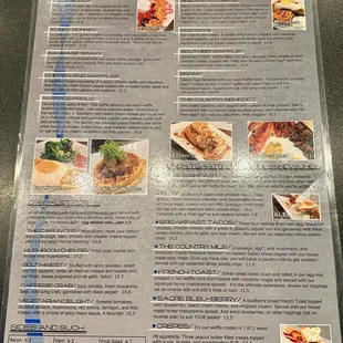 June 2024 menu of waffles, omelettes, sandwiches, etc.