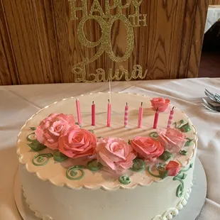 Chocolate and vanilla cake with strawberries in the middle! The did the flowers the other sign  and candles was not included.