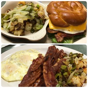 The bacon egg combo pretzel sandwich with home fries, and the two egg combo with bacon and home fries.