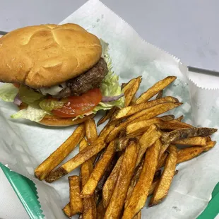a hamburger and fries
