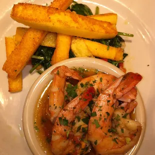 Serrano Shrimp Scampi with crispy polenta and sautéed spinach. #wagongrill