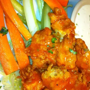Buffalo Chicken Bites, celery and carrots and Homemade Blue Cheese or Ranch Dressings. #wagongrill