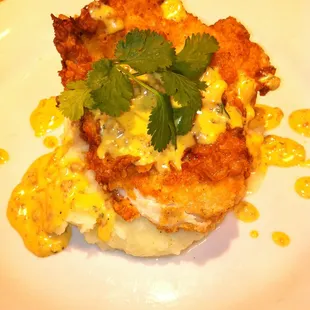 Chicken Fried Chicken with a roasted poblano pepper jack cheese mash potatoes and chorizo gravy. #wagongrill