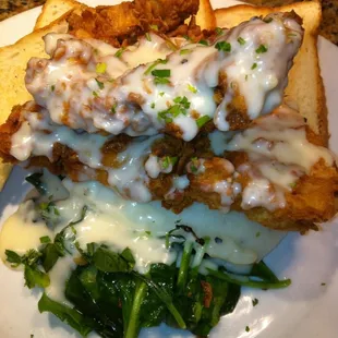 Buttermilk Chicken Fried Steak with Mashed Potatoes and Sautéed Spinach. #wagongrill